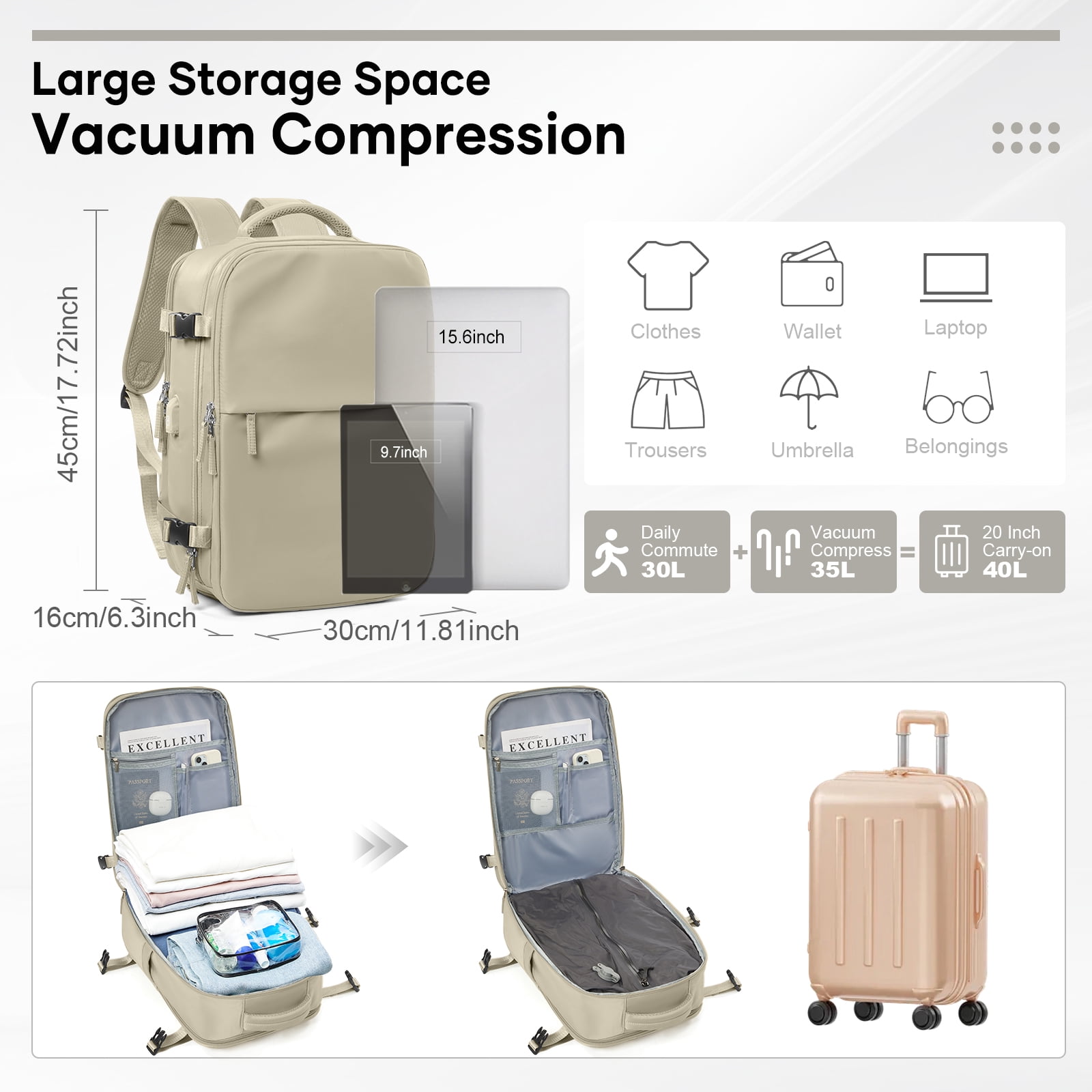 Vacuum Seal Compression Large Travel Backpack with Air Pump, Personal Item Airbag Carry on Backpacks Flight Approved, Airback Waterproof Work Compression Bags Travel Pump Business Laptop Suitcase