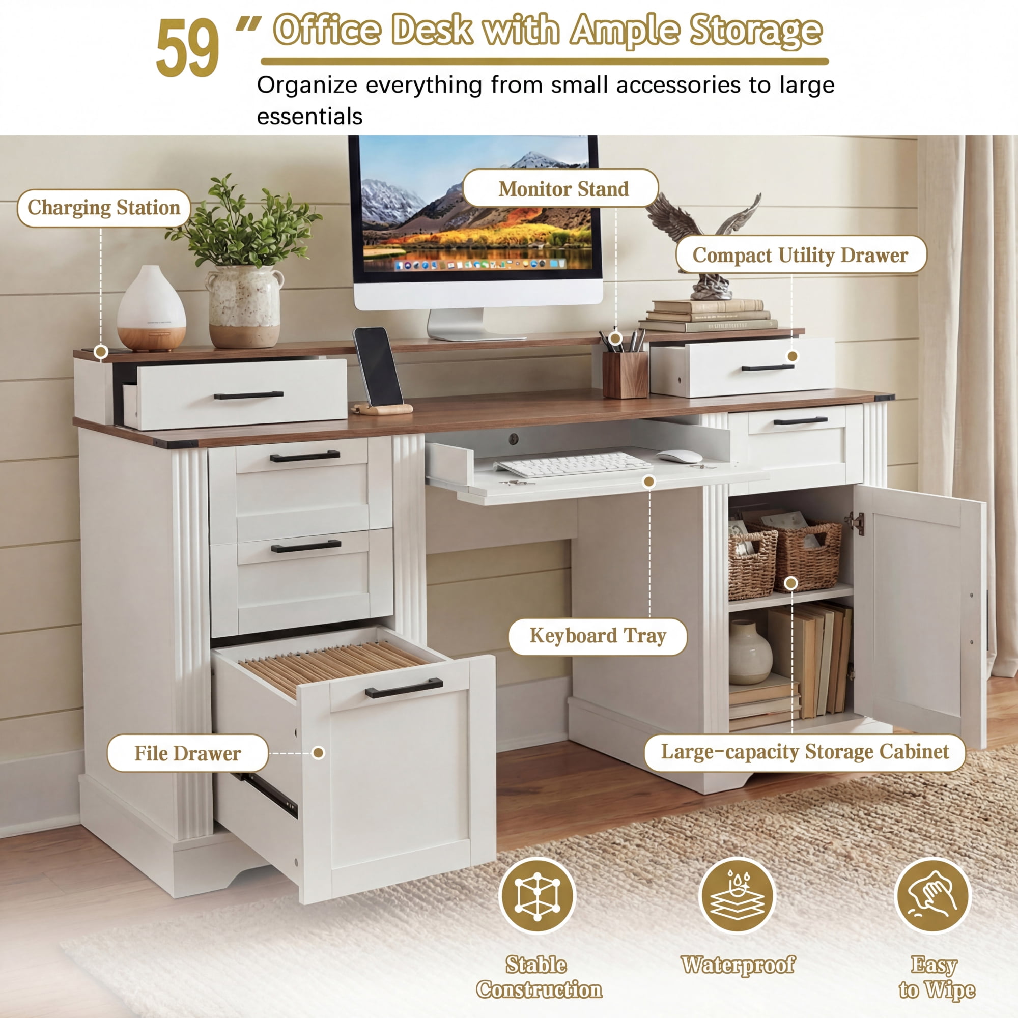 Leumius Farmhouse Office Desk with Charging Station & Storage Cabinet, Barn Door Design Home Office Study Desk with File Drawer, Monitor Stand and Keyboard Tray for Office Study Living Room White