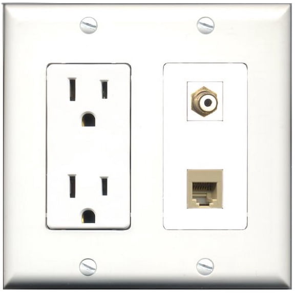 RiteAV - 15 Amp Power Outlet and 1 Port RCA White and 1 Port Phone RJ11 RJ12 Beige Decorative Type Wall Plate White