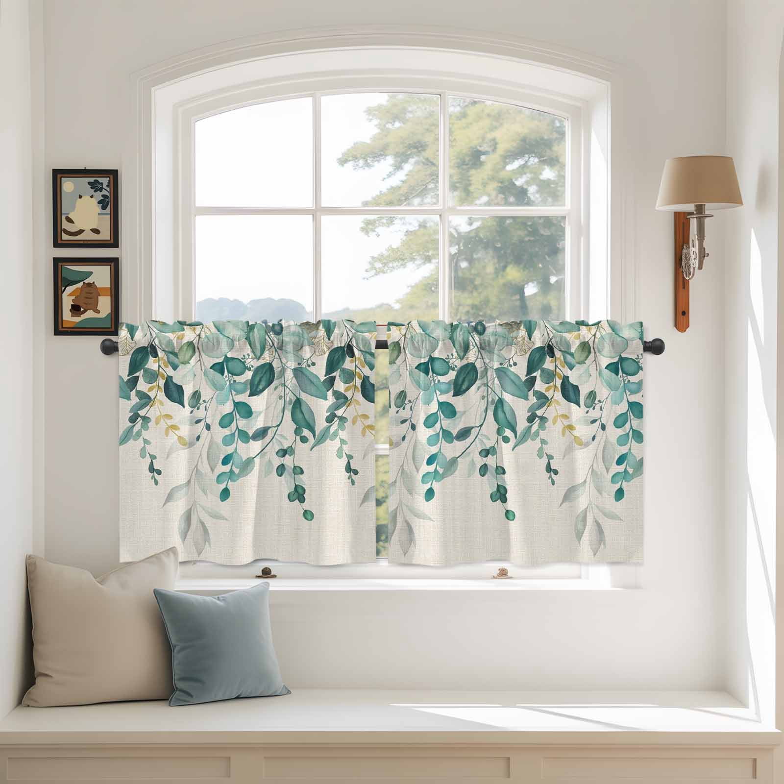Teal Green Eucalyptus Tier Curtains 36 Inch Length, Farmhouse Weeping Leaves Linen Cafe Short Curtains for Bathroom Over Sink, Small Kitchen Curtain Light Filtering Tiered Drapes 2 Panels 27.5"Wx36"L