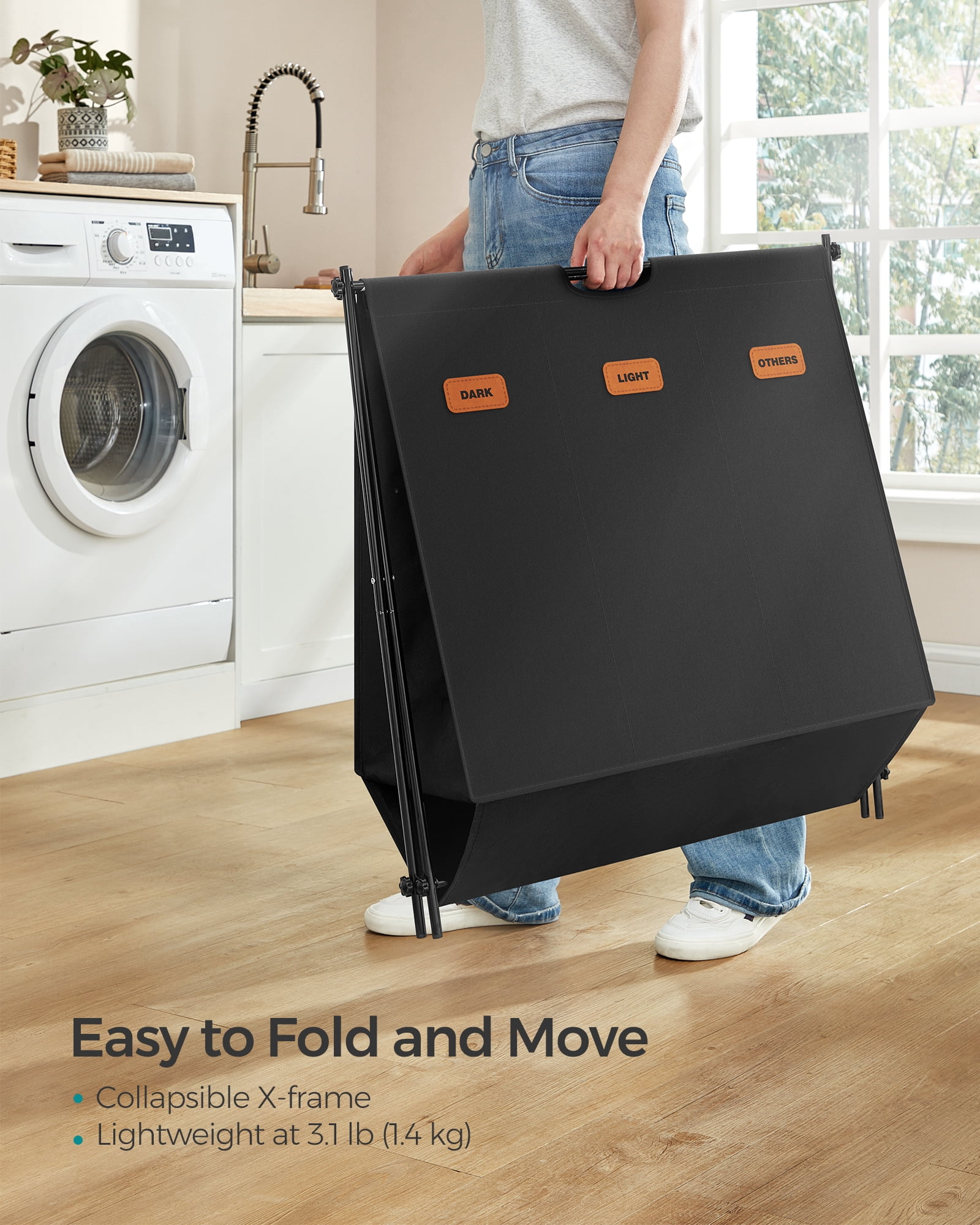 135L Laundry Hamper Laundry Basket Laundry Sorter 3 Sections Collapsible X-Frame Clothes Organizer for Laundry Room Bedroom Ink Black