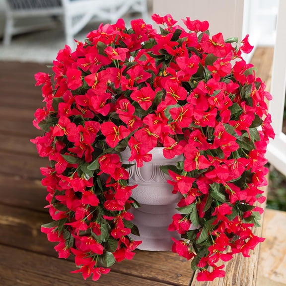 Faux Bougainvillea Artificial Flowers Plants for Outdoor Outside Decoration, 2 PCS Red Fake Flowers UV Resistant Look Real Silk Long Trailing Vines for Front Door Porch Planter Urn Patio Garden Yard