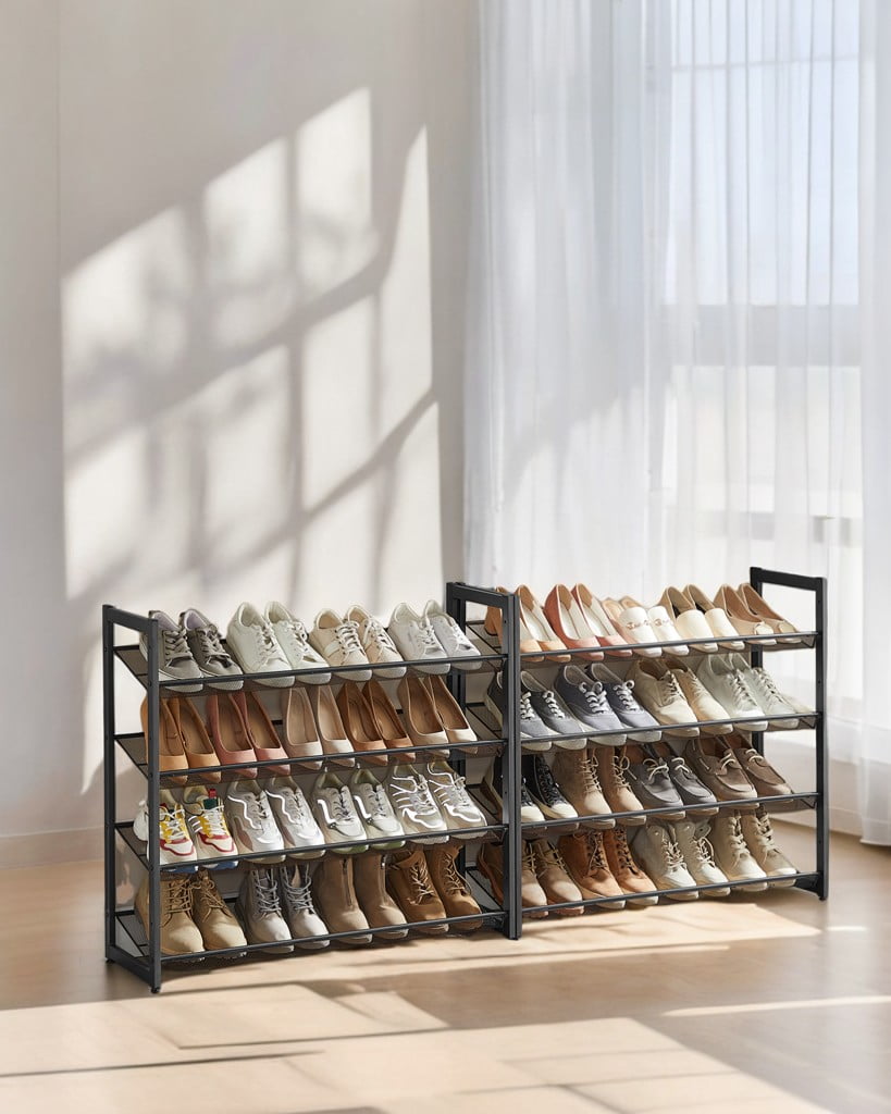 Shoe Rack, 8-Tier Shoe Organizer, Metal Shoe Storage, Entryway, Set of 2, 4-Tier Stackable Shoe Shelf, with Adjustable Flat or Angled Shelves
