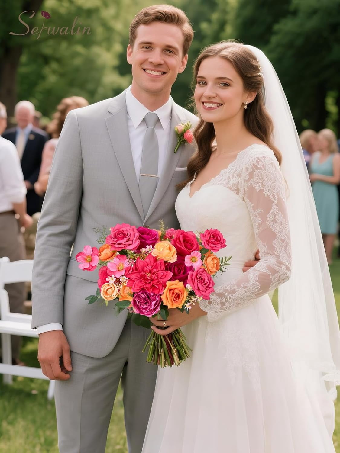 Artificial Hot Pink & Orange Flowers, Magenta Silk Fake Flowers for Wedding Bouquet