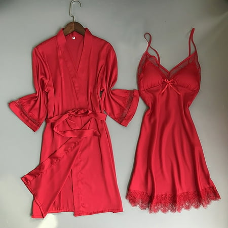 Alitao Pajamas for Women Set Silk Pajamas Satin Silk Pajamas Cardigan Nightdress Bathrobe Ladies Robes Underwear Sleepwear Lounge Sets Two Piece Sets Red 2XL