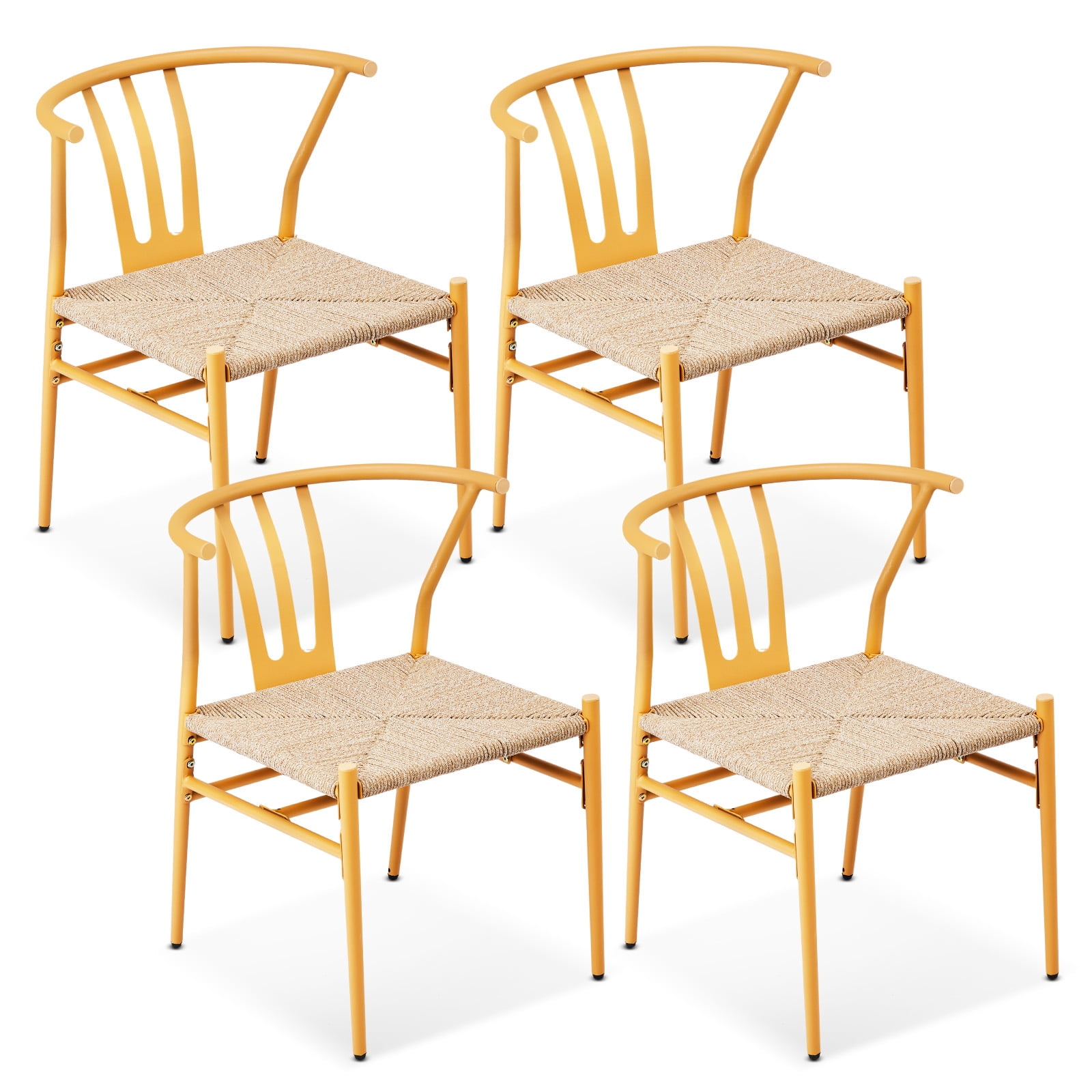 4PCS Weave Dining Chair, Mid-Century Modern Metal Rattan Chair for Kitchen Dining Living Room, Wood Color