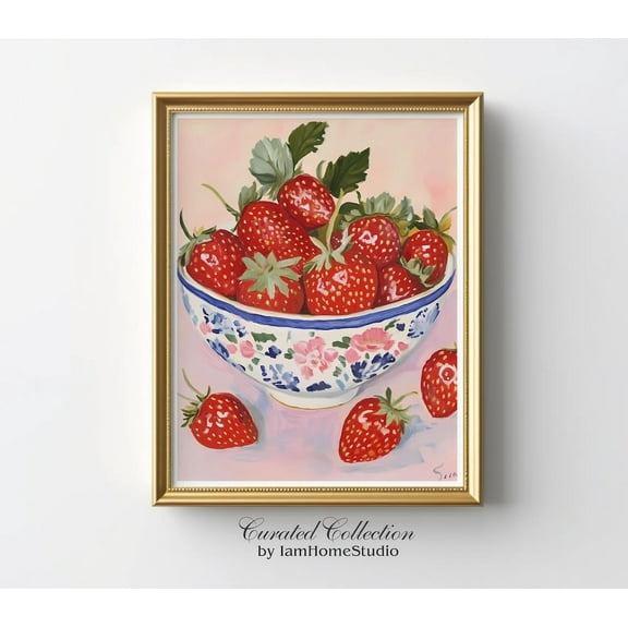 Strawberry Print, Bowl With Strawberries Vintage Style Coquette Painting, Kitchen Wall Art, Modern Wall Decor, 8x12 UNFRAMED