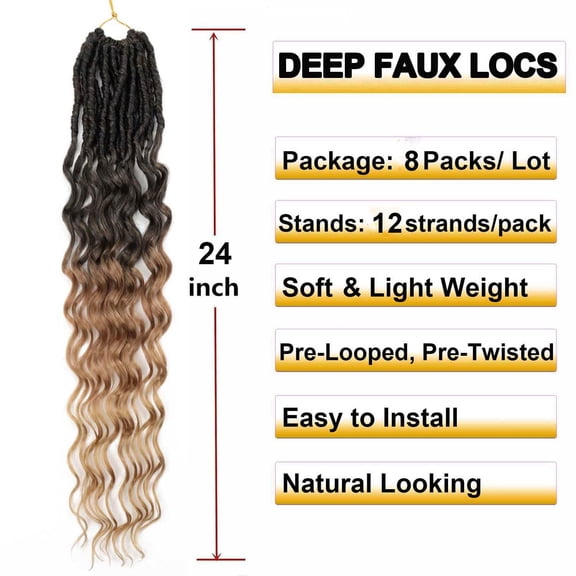 WEIF-24 Inch Faux Locs Crochet Hair - 8 Packs Soft Goddess Locs Crochet Braids with Curly Ends, Deep Wave, Pre - Looped Crochet Hair Extensions for Black Women T27