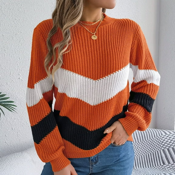 PiGOGI Women's Casual Oversize Striped Round Neck Hooded Long Sleeve Sweater - Comfortable Loose Fit Orange XL