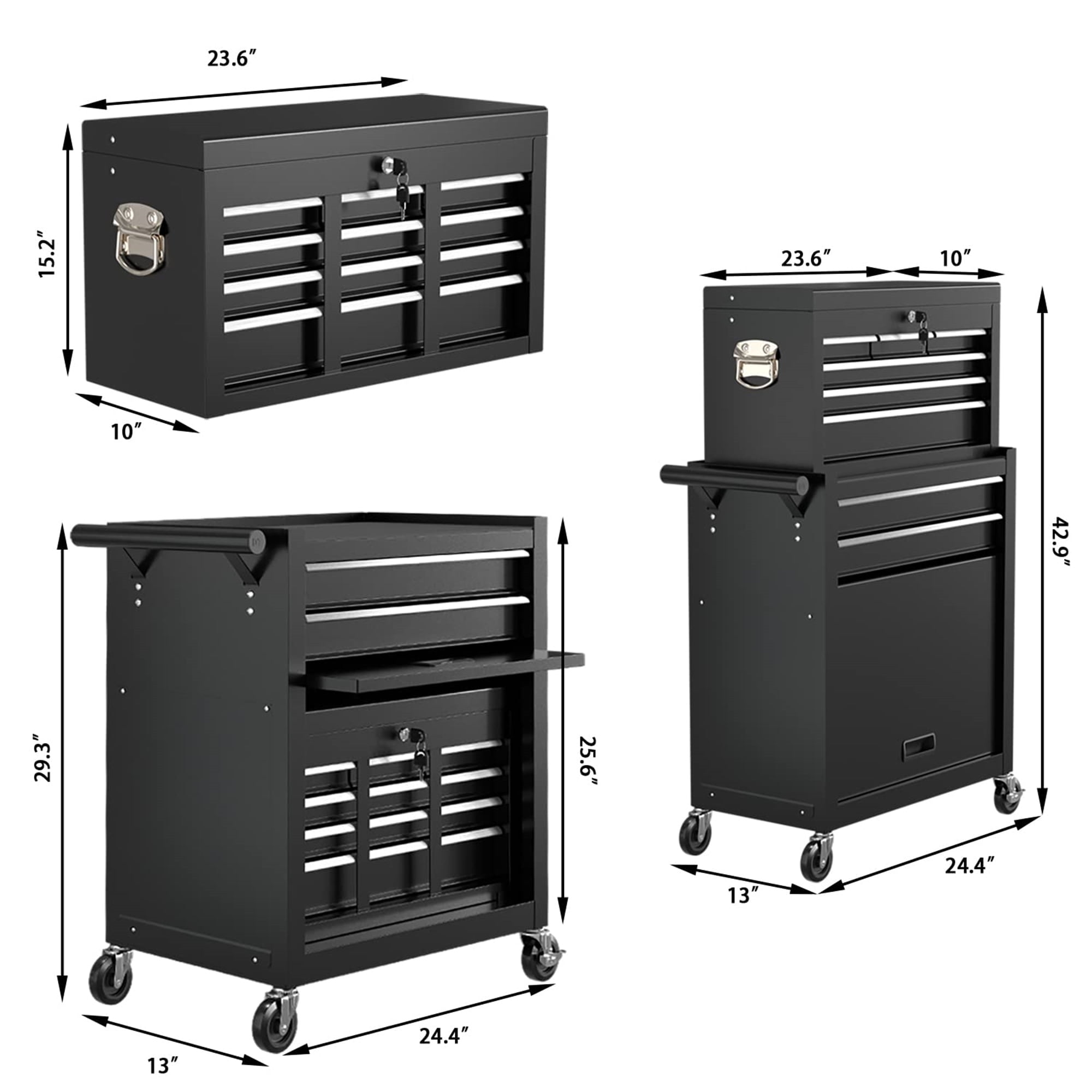 Aukfa Tool Box, 2 in 1 Steel Rolling Tool Chest & Cabinet On Wheels for Garage, 8-Drawer, Black