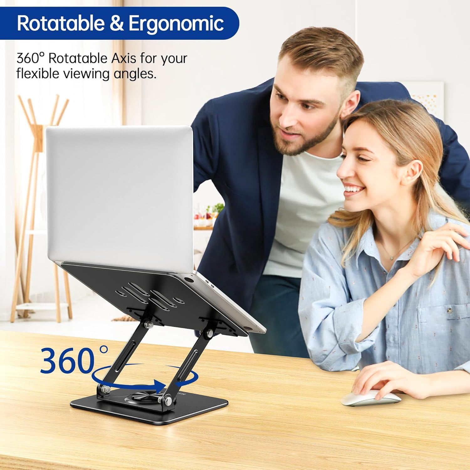 LS11 Laptop Stand with 360° Rotating Base, Ergonomic Adjustable Notebook Riser, Foldable Computer Holder Compatible with 10-14" Laptops (Black)