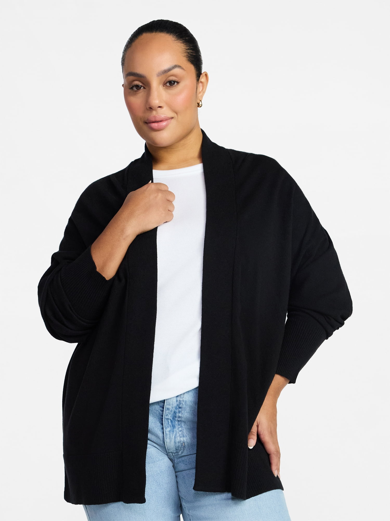 Time and Tru Women's and Women’s Plus Open Front Cardigan Sweater with Long Sleeves, Lightweight, Sizes XS-4X