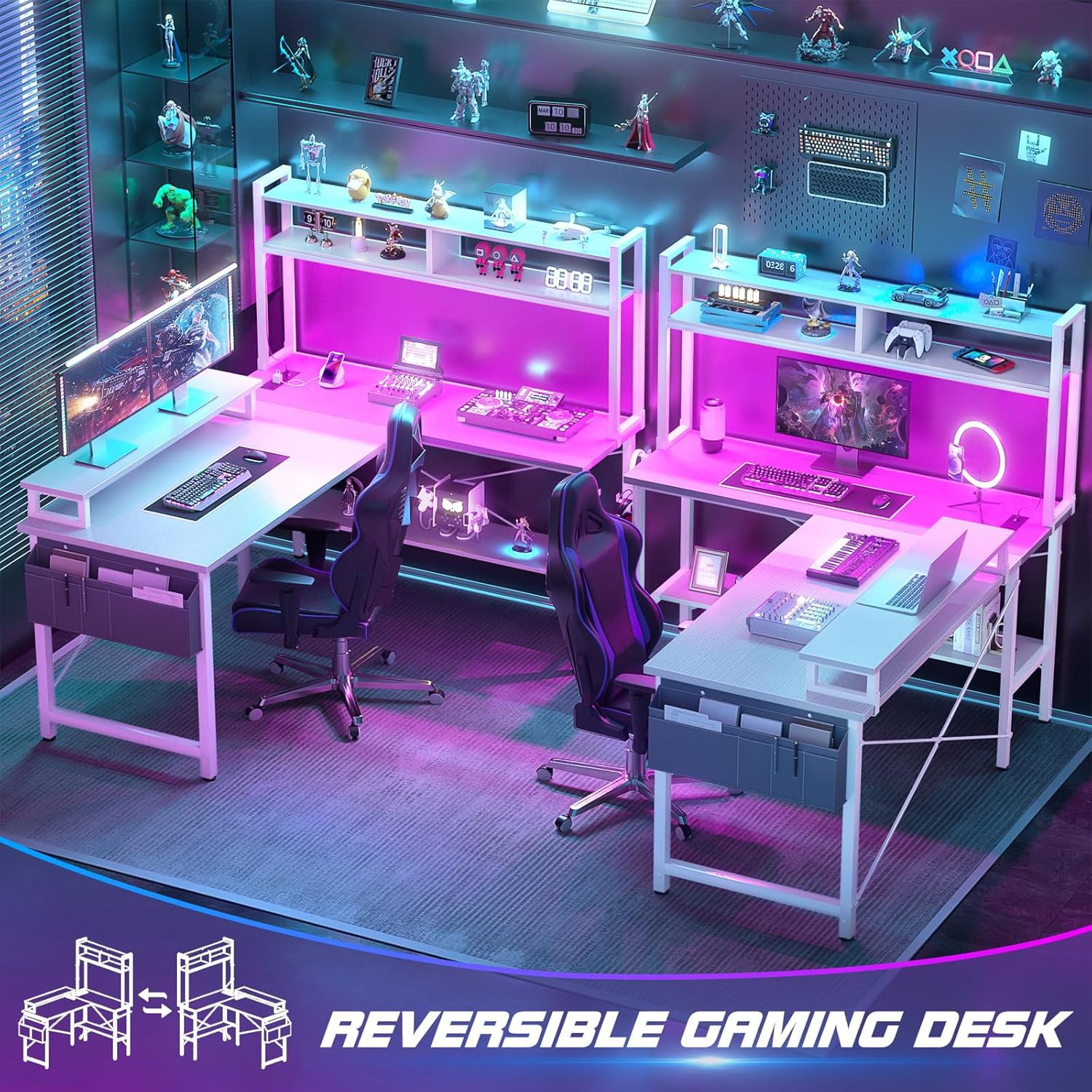 Homieasy L Shaped Gaming Desk with Power Outlets & LED Lights, Small L- Shaped Desk Computer Corner Desk with Monitor Stand & Storage Shelf, Home Office Desk Writing Desk with Storage Bag, White