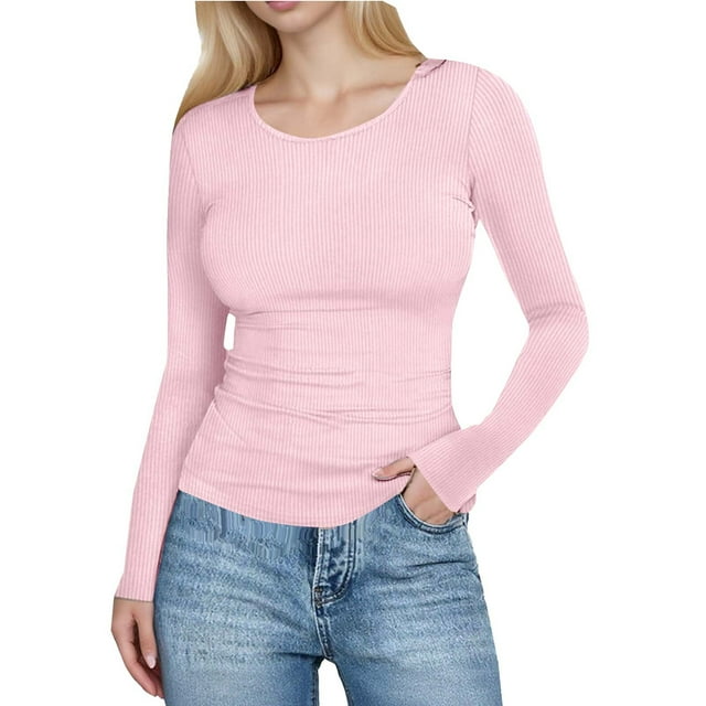 Besolor Long Sleeve Shirts for Women Ribbed Crewneck Fall Tops Dressy Casual Slim Fitted Basic Tees