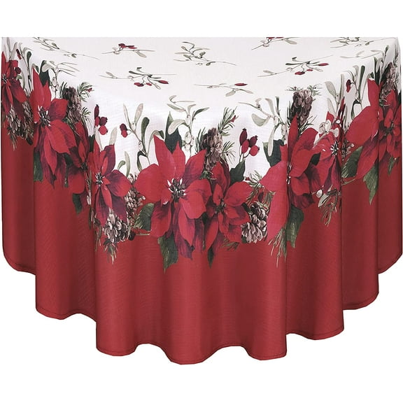 Newbridge Christmas Blooming Poinsettia’s Bordered 70 inch Round Fabric Dining Tablecloth