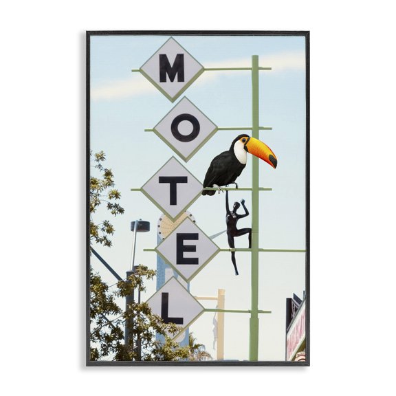 Stupell Industries Toucan on Motel Sign Animals Painting Black Framed Art Print Wall Art, 12 x 18