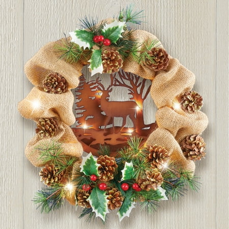 Holly Christmas Wreath Lighted Rustic Deer Burlap Wreath with Holly and Pinecone Accents - Cabin Style Home Decor ()