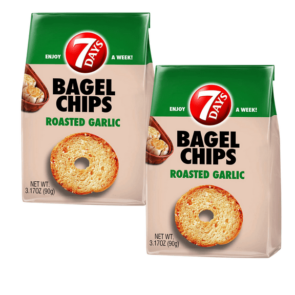 7Days Bagel Chips, Roasted Garlic Natural, Non-GMO, No Artificial Flavors and Preservatives,  Ready to Eat Biscuit Great for Travel On-The-Go Breakfast Snack for Kids and Adults 3.17oz Pack of 2
