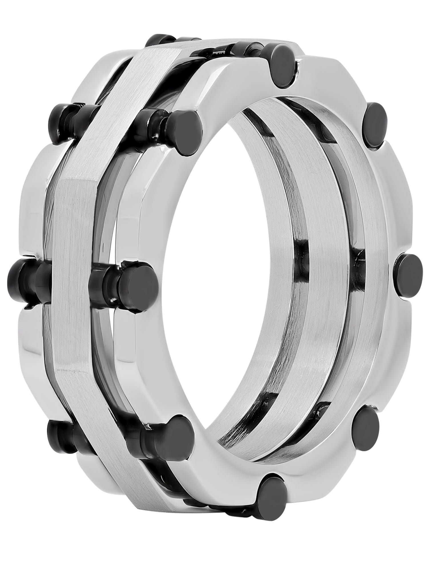 Men’s Stainless Steel Silver-Tone & Black Rivet Accent Layered Band