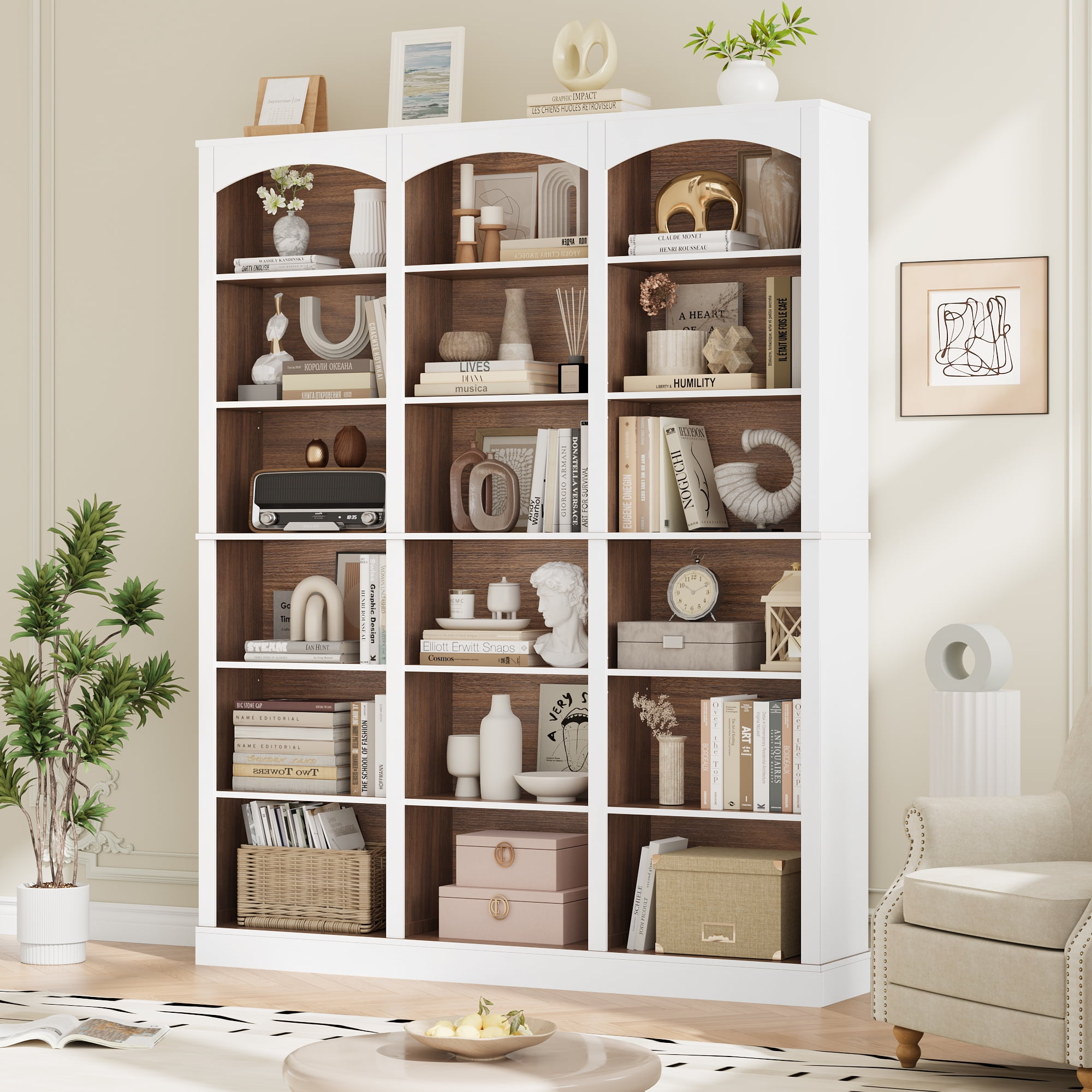 Homfa 18-Cube Bookcase and Bookshelves, 71.2" Triple Width 6 Tier Freestanding Arch Library Cabinet for Home Office Living Room, White Bark Texture & Walnut