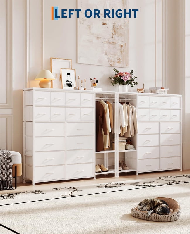 TROPOW Tall Dresser for Bedroom, Fabric Dressers with 16 Drawers & Clothes Rack & 2 Storage Shelves, PU Closet Dresser with Hanging Space, Large Chests of Drawers