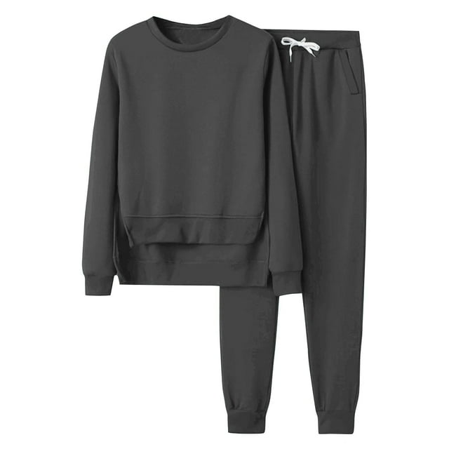 Timegard Sweatsuits for Women 2 Piece Outfits Side Split Crew Neck Long Sleeve Sweatshirt Drawstring Pants with Pockets Sets