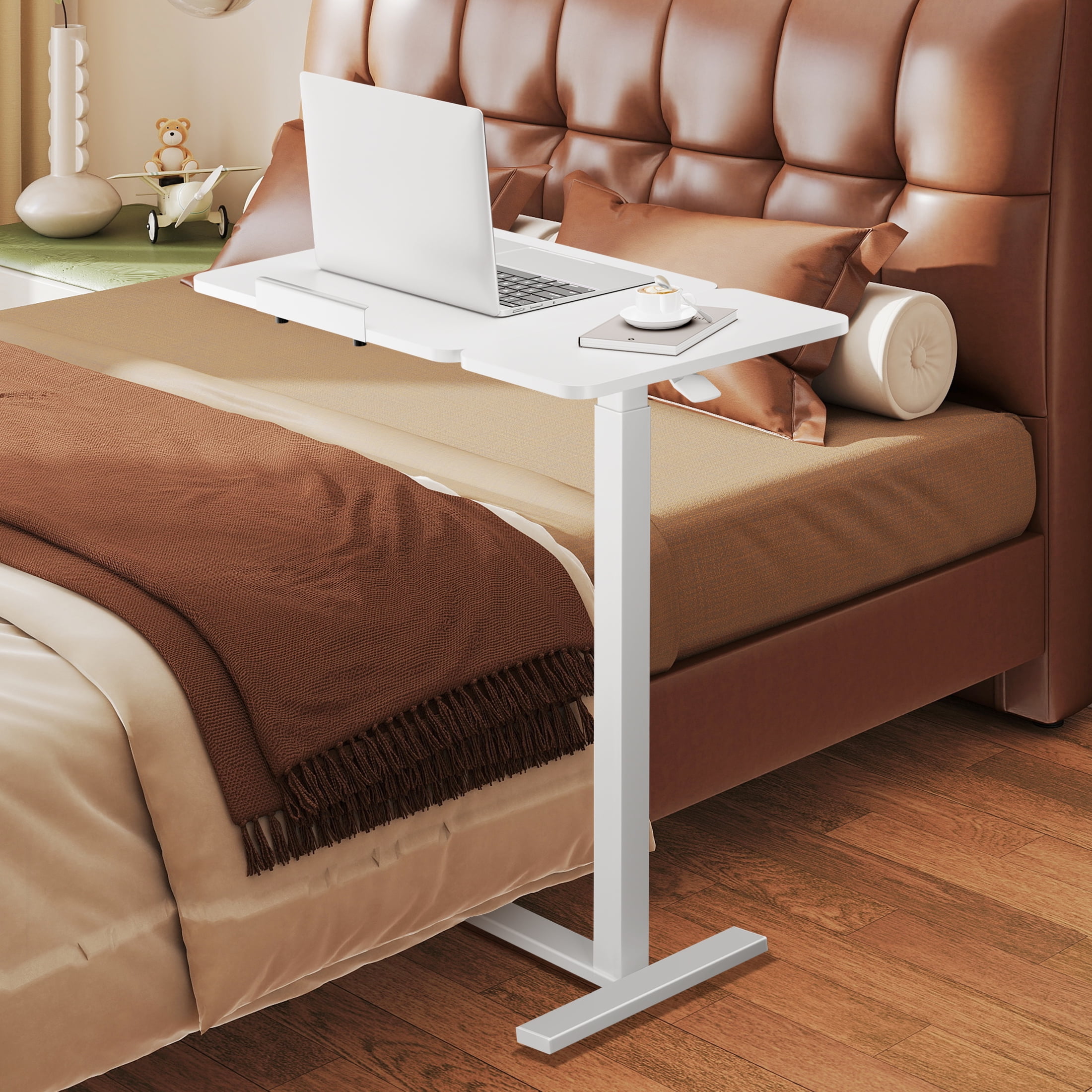 ZUNMOS Overbed Bedside Lap Desk with Wheels and Tilt Top, Mobile Standing Lap Desk Pneumatic Adjustable Height for Home Office Bedroom Sofa, White