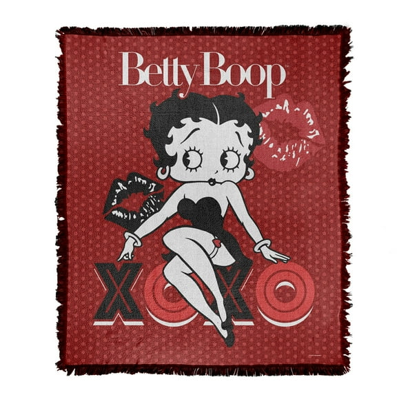 Betty Boop Blanket, 50"x60" XOXO Woven Tapestry Cotton Blend Fringed Throw Blanket