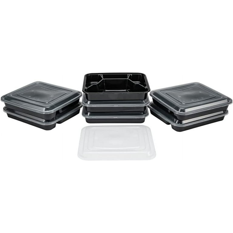 Asporto 53 Ounce Food Containers, 100 Microwavable Take Out Food Containers - Clear Plastic Lids Included, with 6 Compartments, Black Plastic