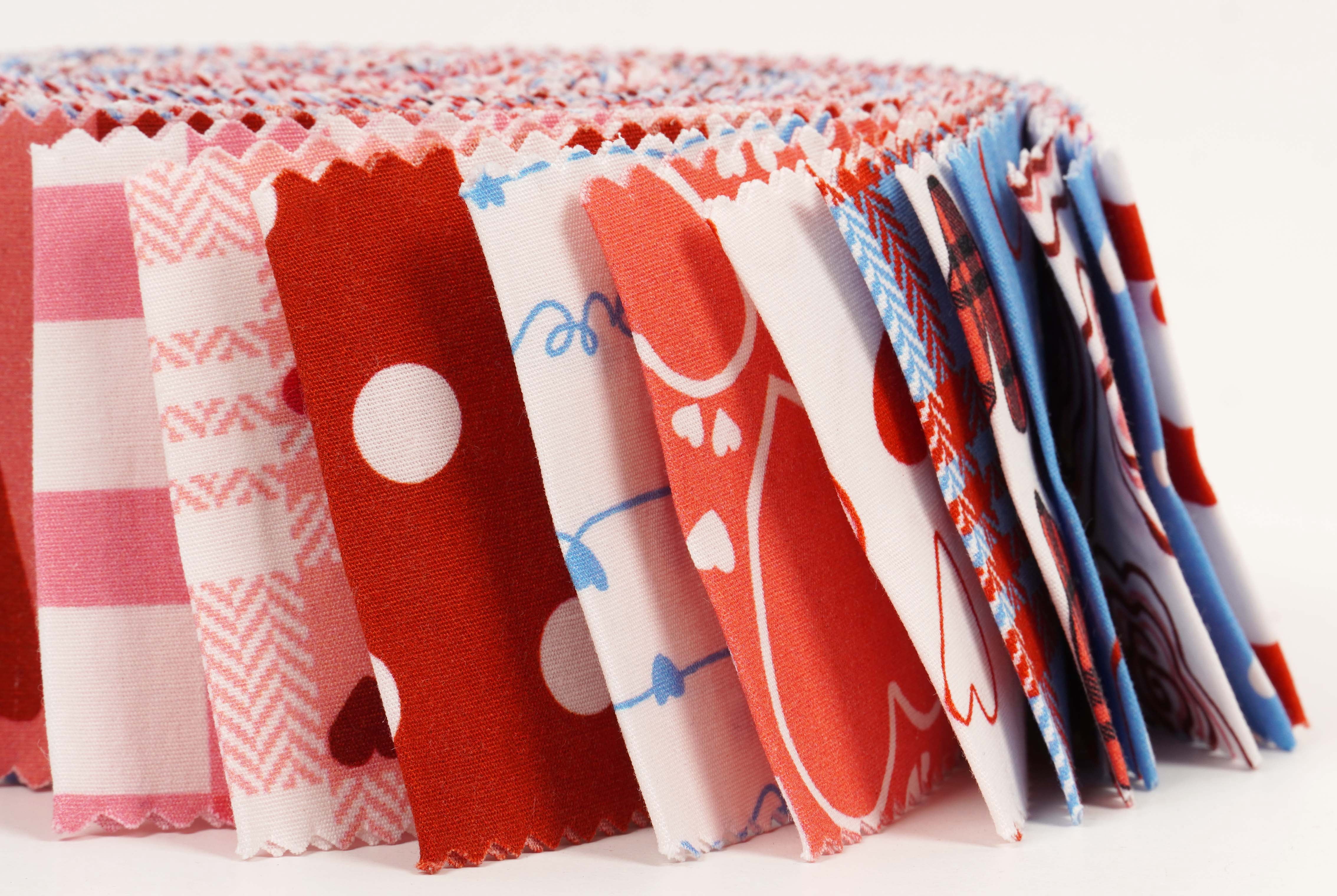 Soimoi 40Pcs Valentine Print Cotton Precut Fabrics For Quilting Craft Strips 2.5x42 inches Jelly Roll - Pink-White-Blue & Red