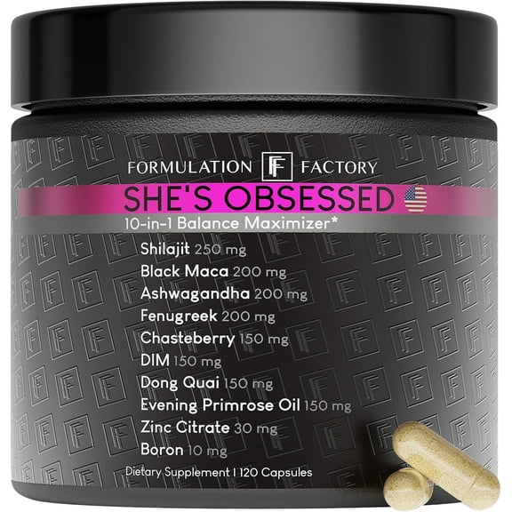 Formulation Factory She’s Obsessed Supplement for Women, 10-in-1 Hormonal Balance with Shilajit & Primrose Oil, 120 Capsules, 2-Month Supply