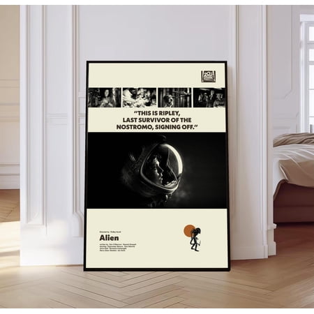 Classic 1979 Alien Sci-Fi Minimalist Black and White Mid-Century Modern Wall Art, Unframed Poster