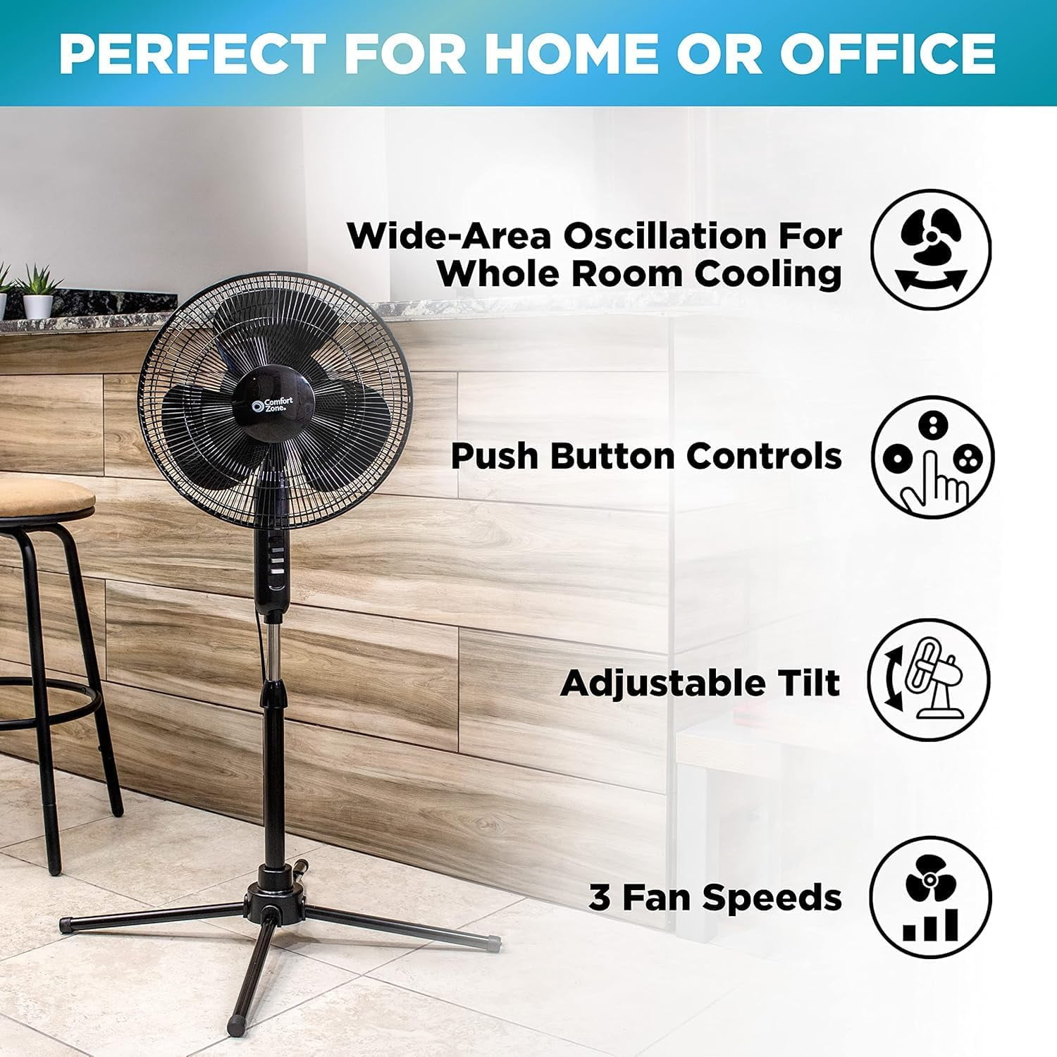 Comfort Zone 16 in. 3-Speed Adjustable-Height Pedestal Fan, Blue