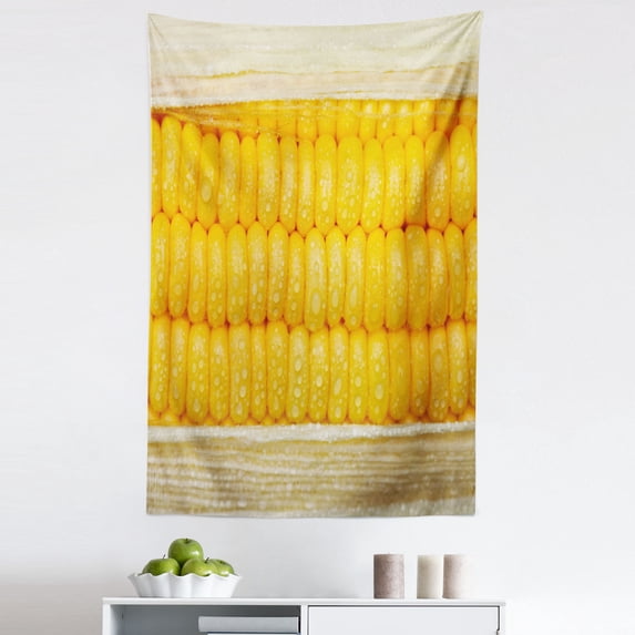 Health Tapestry, Corn Cob Stem with Raindrops Water Marks Mexican Vegetable Photo Art Image, Fabric Wall Hanging Decor for Bedroom Living Room Dorm, 5 Sizes, Yellow and Cream, by Ambesonne