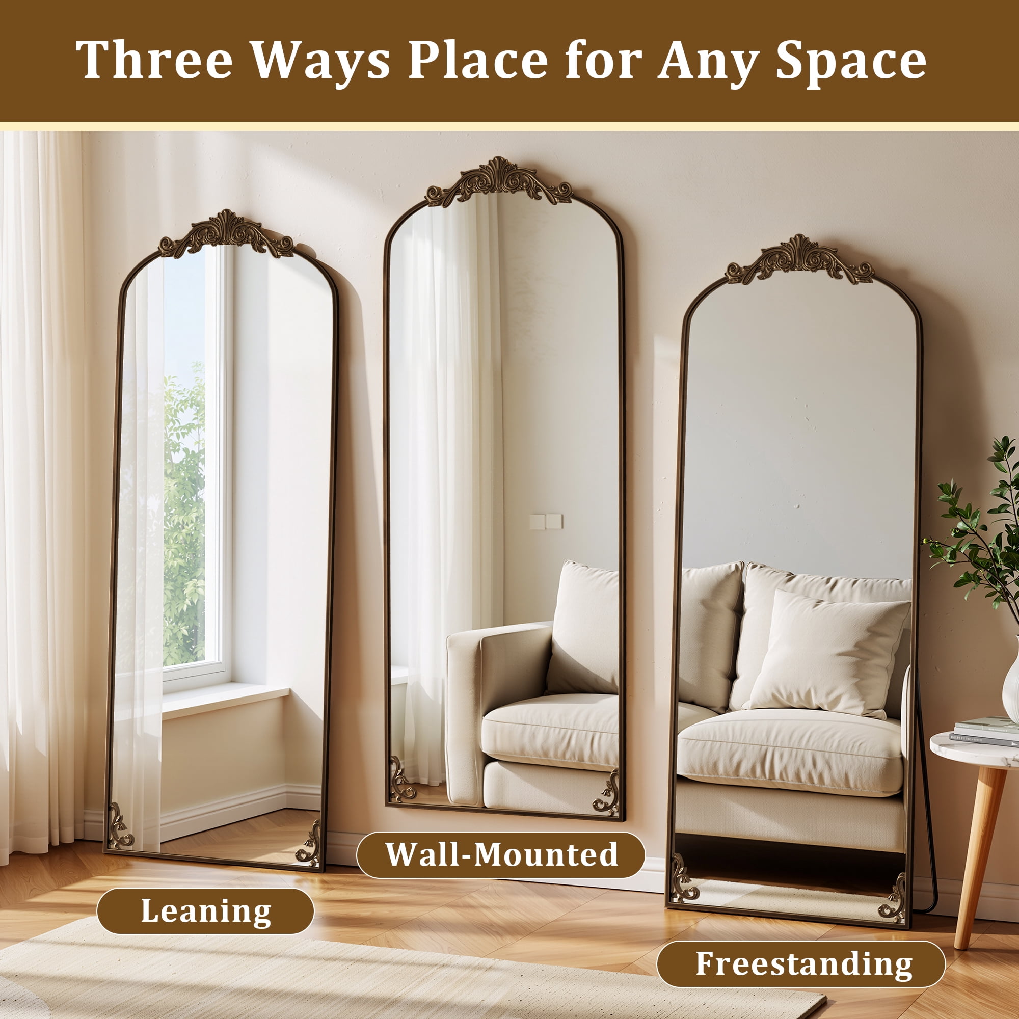 Anyrose 66"x 21" Baroque Full Length Mirror Arched Vintage Floor Mirror with Stand, Antique Bronze