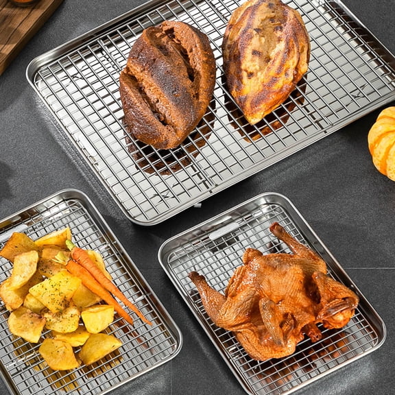 Stainless Steel Baking Pan & Raised Wire Rack – Pizza Crisper, Crispy Bacon, Multipurpose Cooking Sheet Pan, Cooling Rack, Kitchen Cookware Set, Dishwasher Safe (10.2x7.9in)