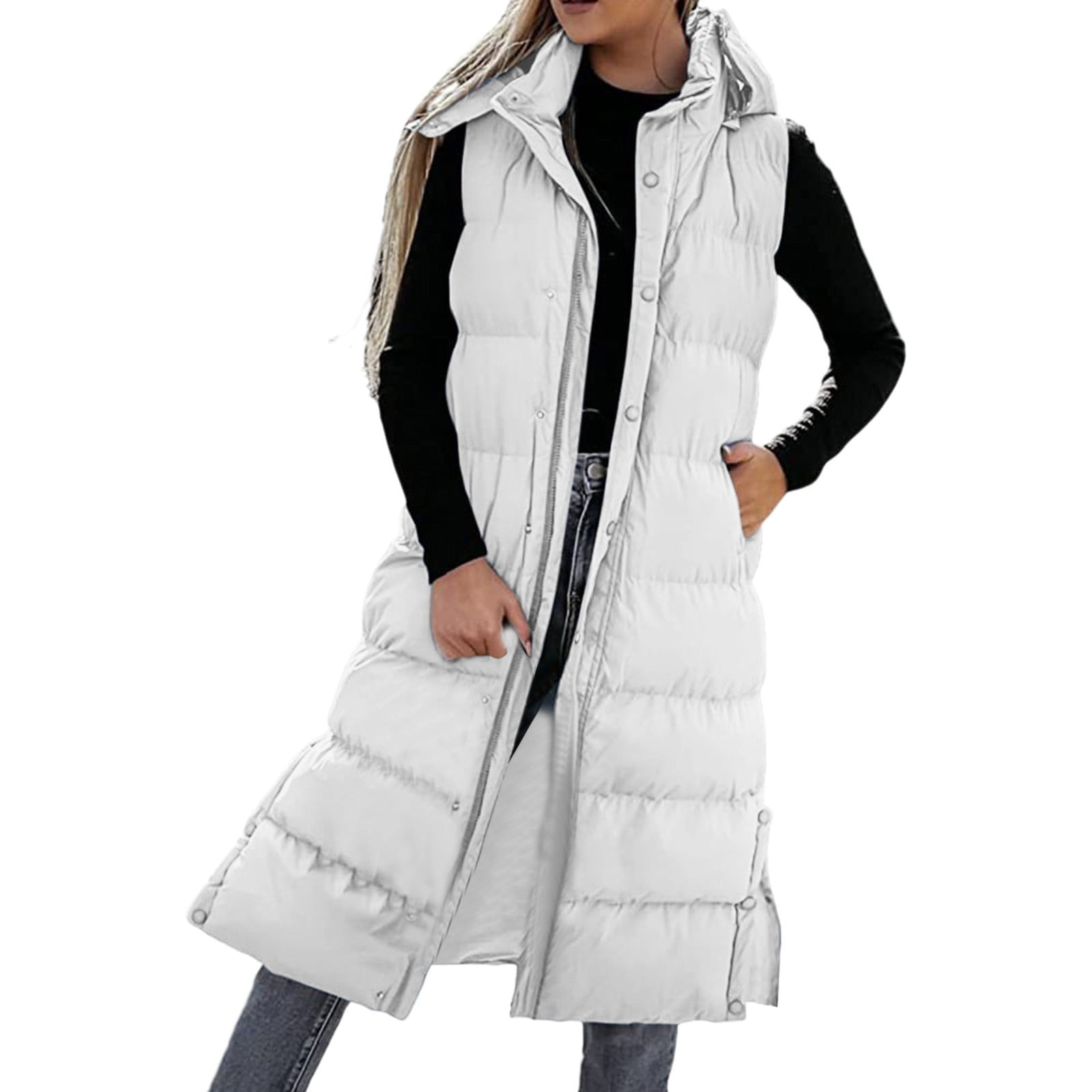 Women's Winter Long Down Vest Full-Zip Sleeveless Puffer Vest Coats Jacket  Outerwear with Pockets and Removable Hood Womens Clothes