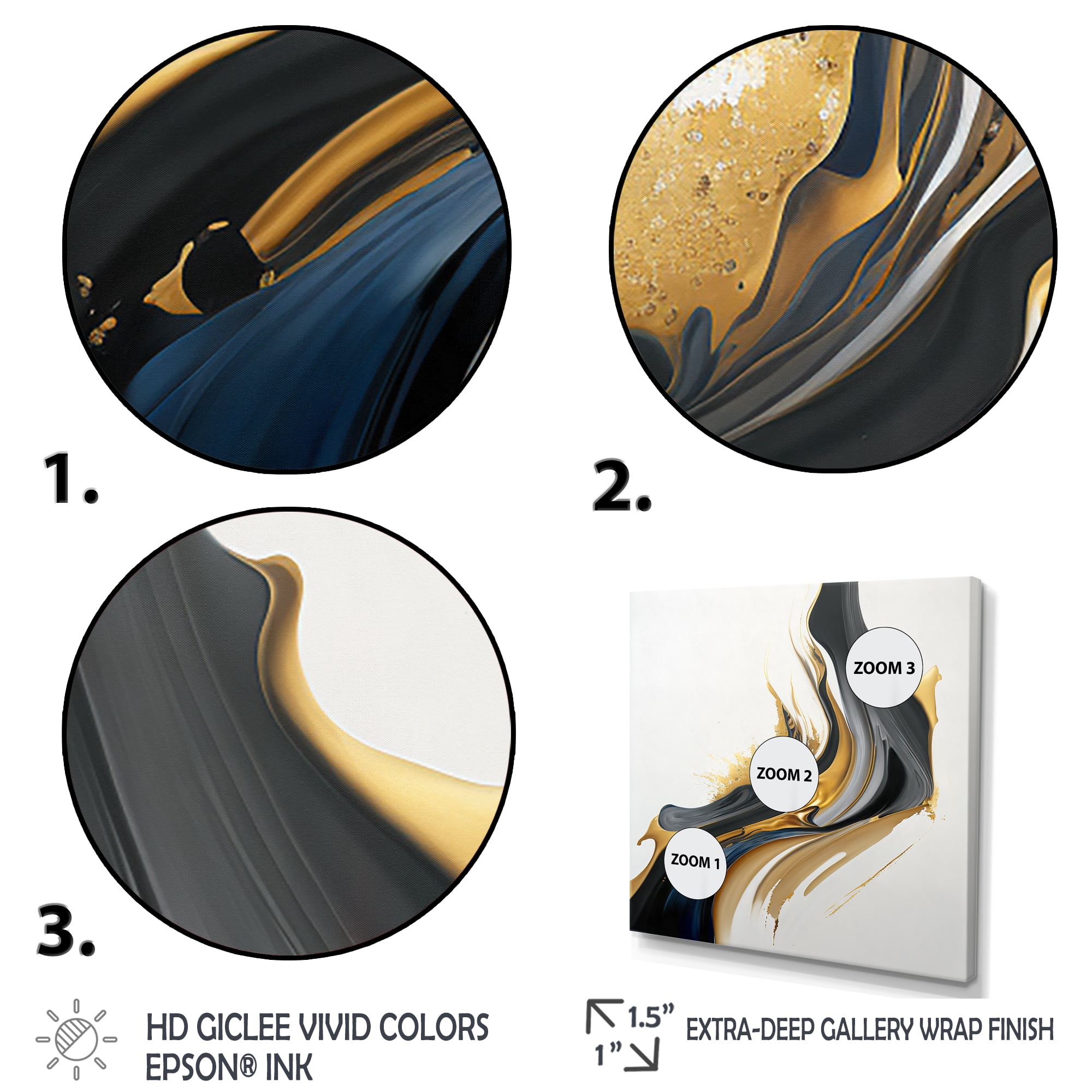 Designart Black, White And Gold Liquid Art II Canvas Wall Art