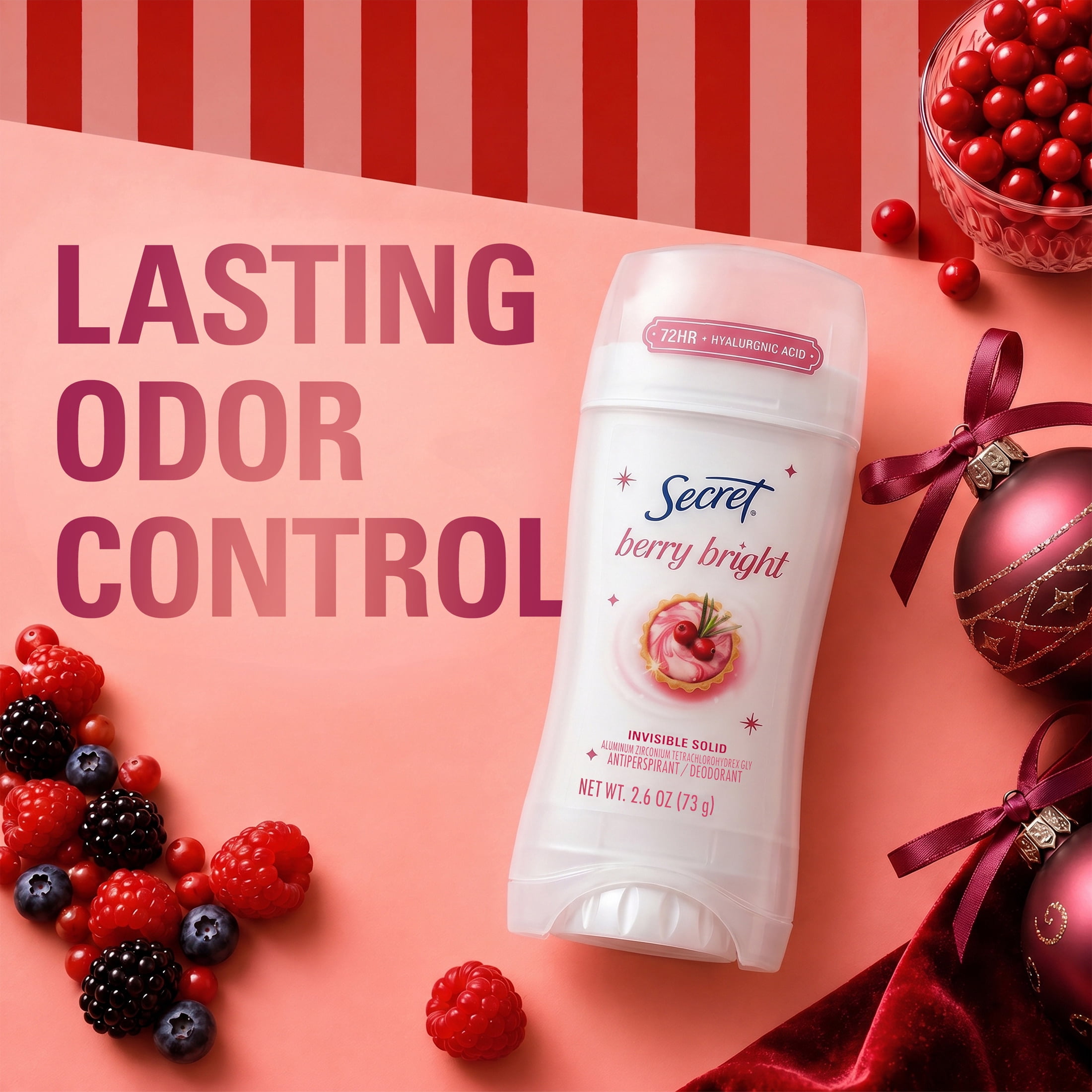 Secret 72HR Holiday Fresh Antiperspirant & Deodorant, Hyaluronic Acid, Invisible Solid, Berry Bright 2.6oz
