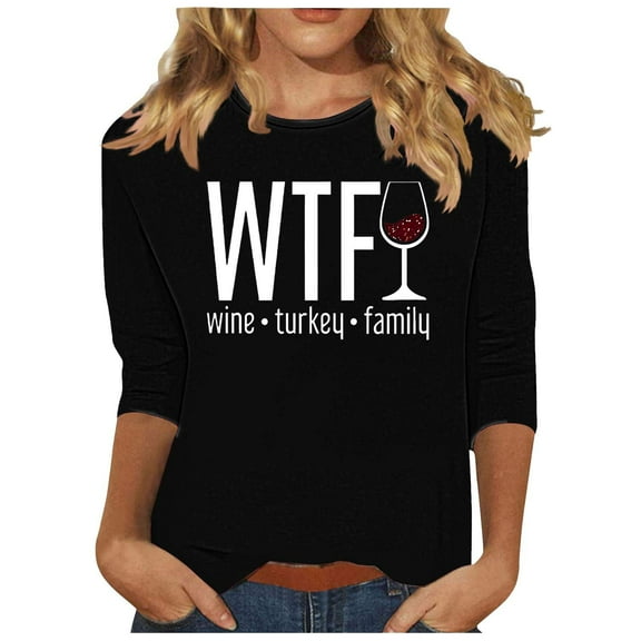 Mhoxuto Womens WTF Wine Turkey Family Shirts Thanksgiving Long Sleeve Sweatshirts Fall Round Neck Pullover Tops for Ladies