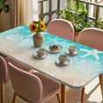 thumbnail image 3 of Teal Beige Ombre Coastal Table Cloths for 5 Foot Rectangle Tables, Nautical Beach Starfish Coral Summer Patio Waterproof Elastic Fitted Tablecloths, Washable Rectangular Table Cover for Camping, 3 of 8