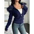 thumbnail image 6 of Women'S Zip Up Cardigan Sweater Cable Faux Fur Hoodies Long Sleeve Jacket Knit Outfits Y2K Navy Blue M, 6 of 9