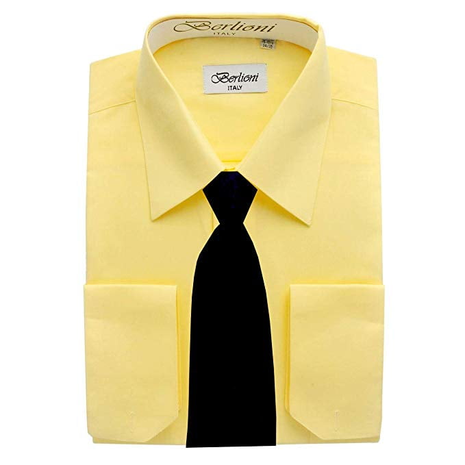 Berlioni Italy Men's Convertible Cuff Solid Italian French Dress Shirt Lemon