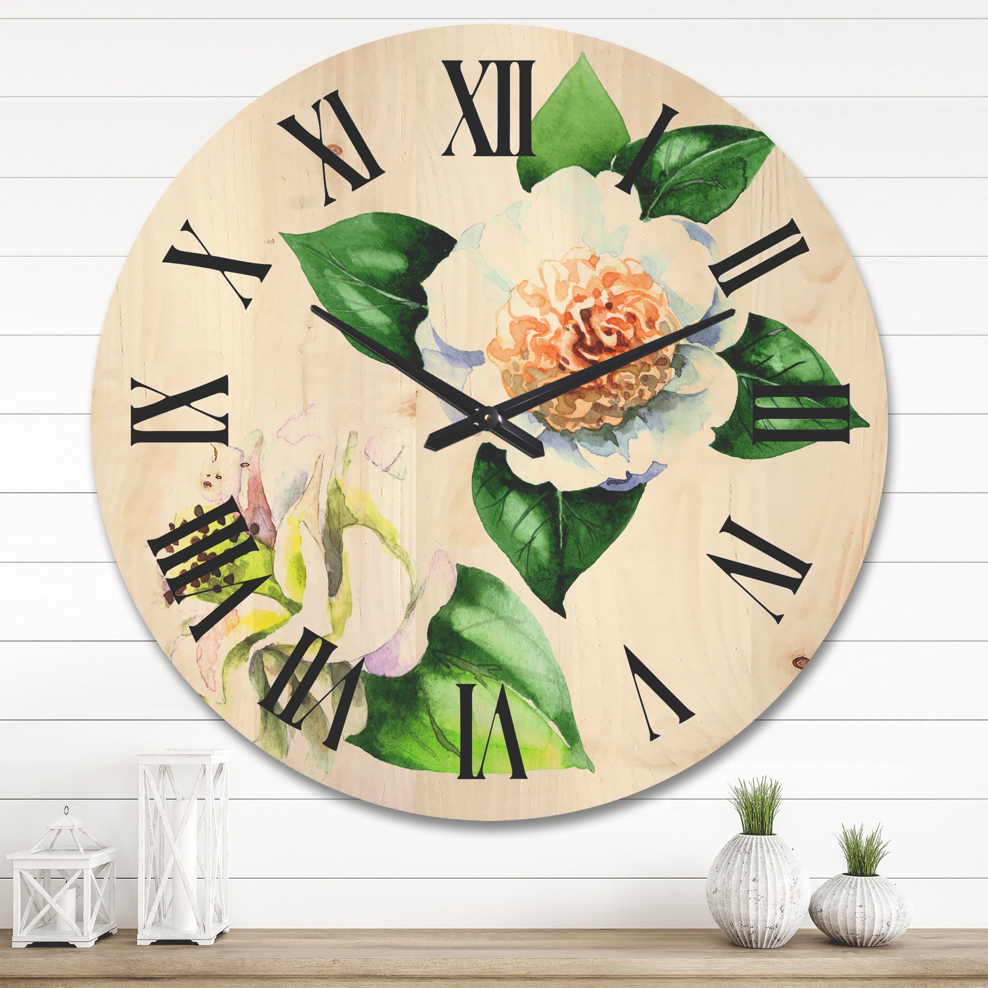 Designart 'Ancient White Camellia Flowers With Green Leaves' Traditional Wood Wall Clock