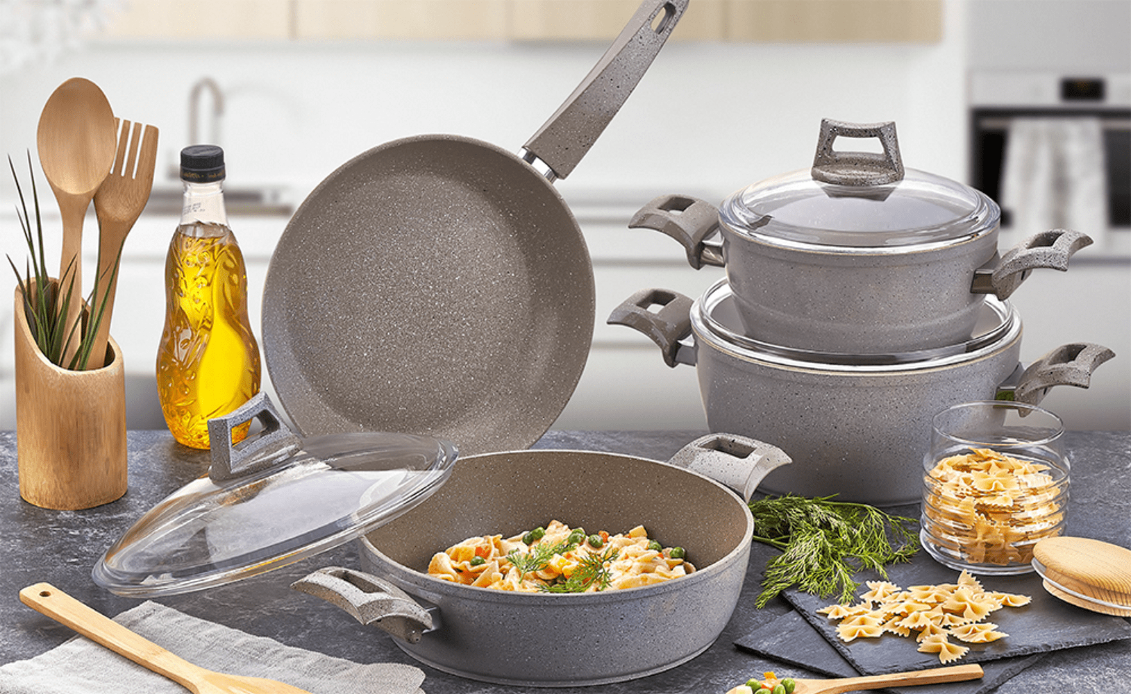 grey pots and pans set