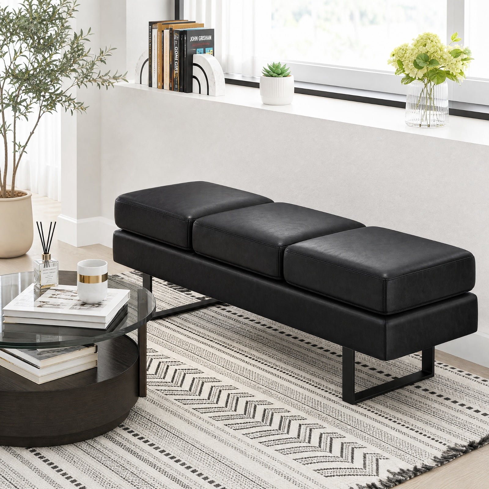 Furnibear 59 Inch Waiting Room Bench with Removable Faux Linen Cushions and Heavy Duty Metal Frame for Reception Office Lobby Long Seating, Black