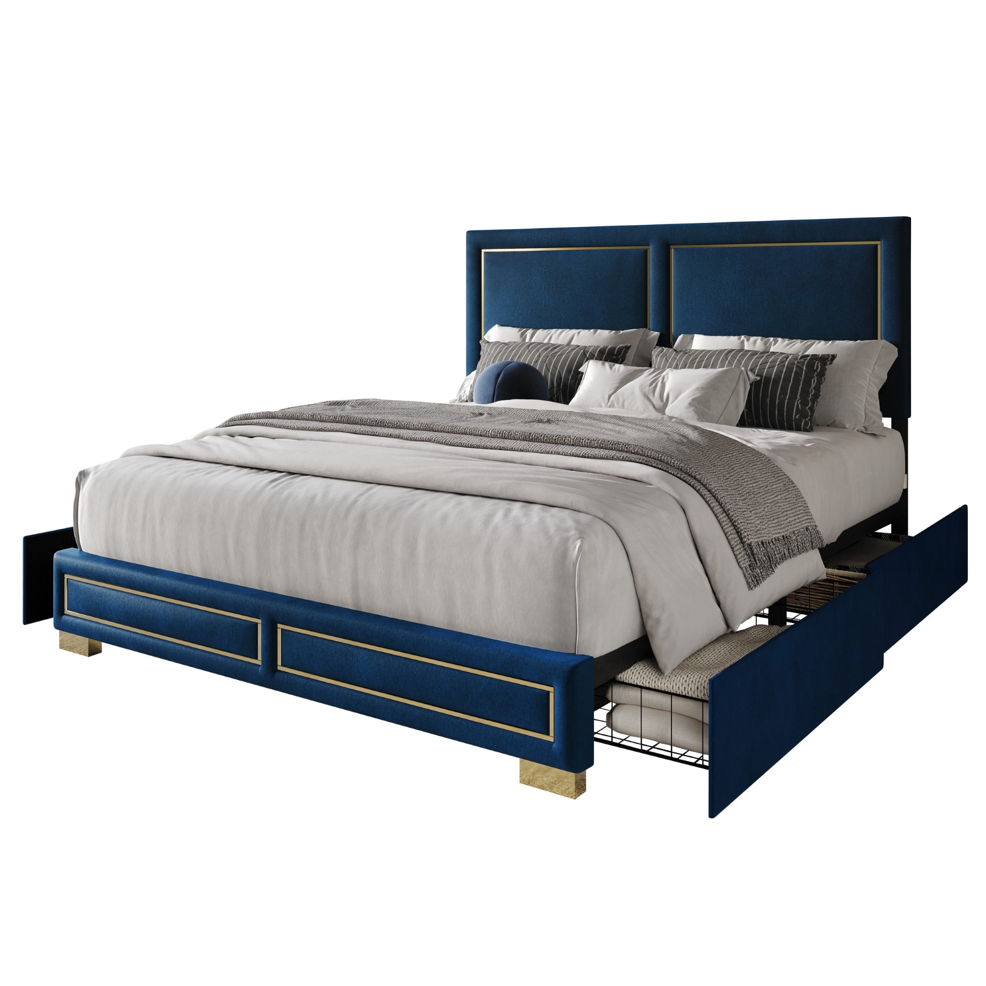 Home Design Jasper Full Upholstered Storage Platform Bed Frame with Gold Aluminum Trim and Four Under-Drawers, Blue, Easy Assembly