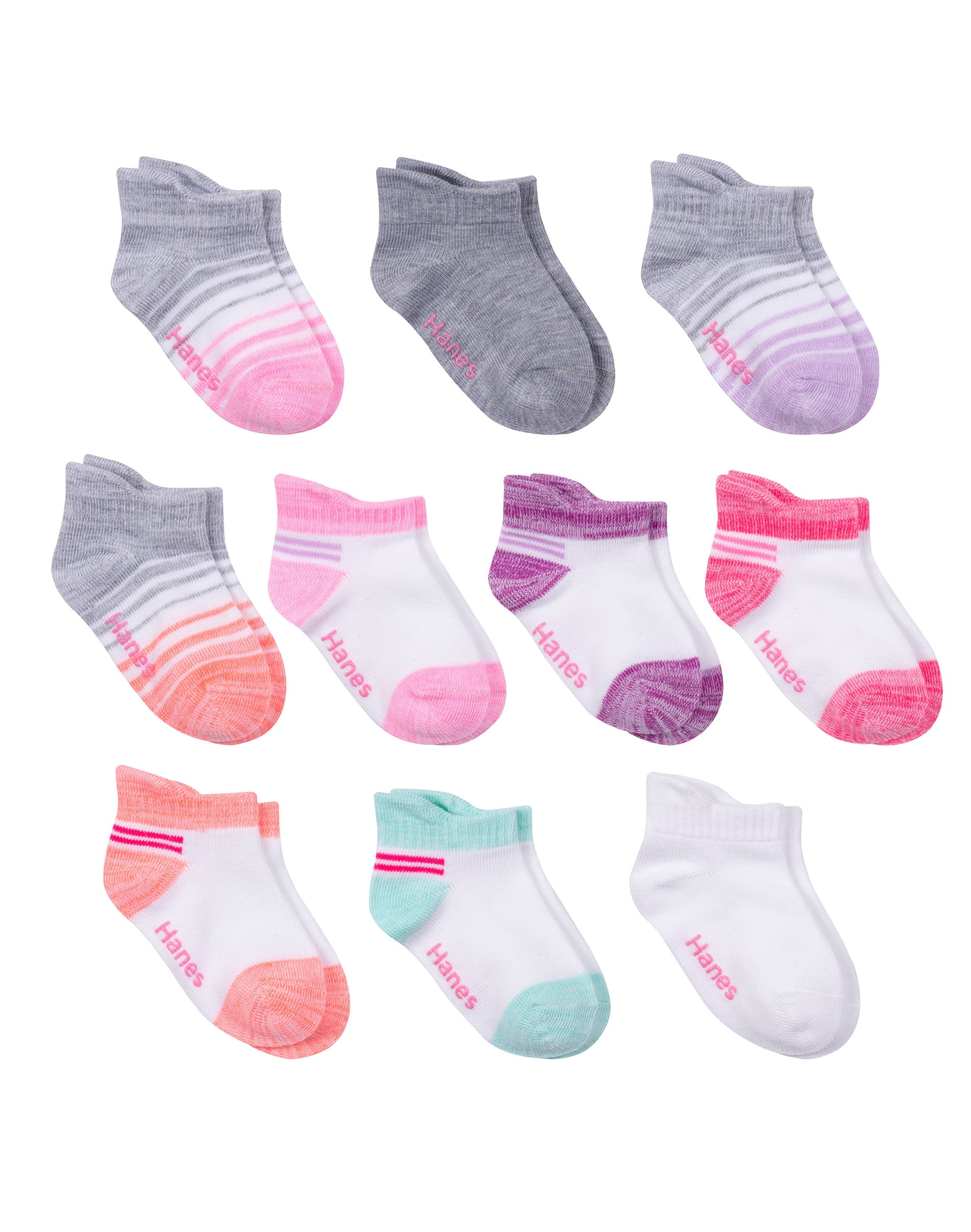 Hanes Infant/Toddler Girls' Heel Shield Socks, Gripper Foot Bottom, 10-Pairs Grey/White/Pink/Assorted 12MTH