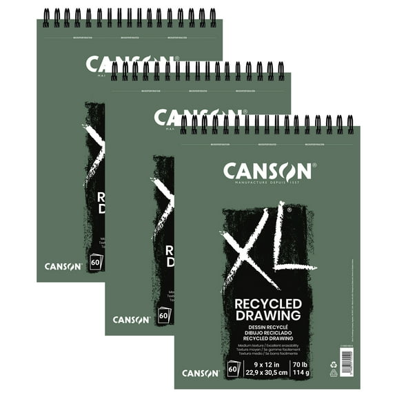Canson XL Series Drawing Pad, Recycled, Top Wire Binding, 60 Sheet, 9x12 inch, Pack of 3