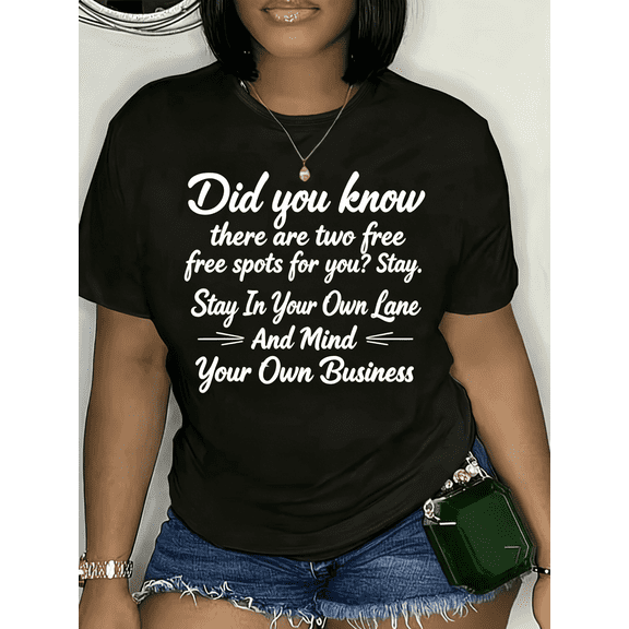 Women Plus Size Funny Sassy Slogan Graphic T-Shirt, In Your Own Lane Mind Your Own Business Casual Crew Neck Short Sleeve Tee, Daily Fashion Loose Fit Top